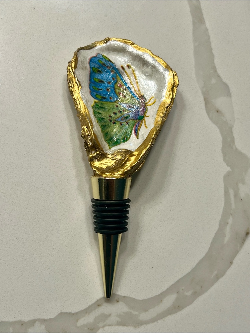 Hand-Painted Blue-Green Butterfly Oyster Shell Wine Stopper